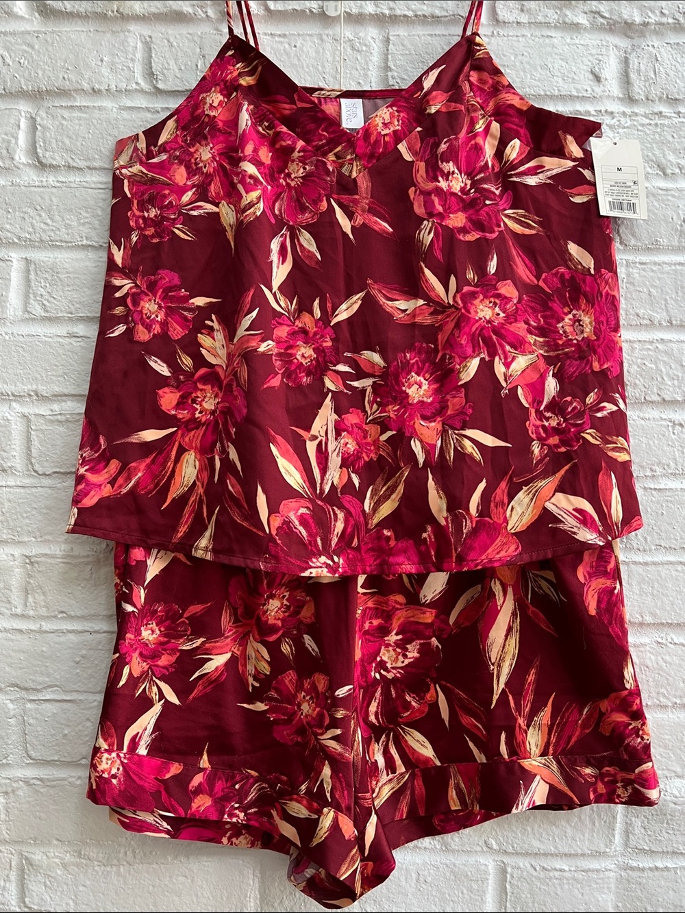 STARS ABOVE Burgundy Hot Pink Orange Floral Satin Loungewear Camisole Shorts Set - Picture 13 of 15
